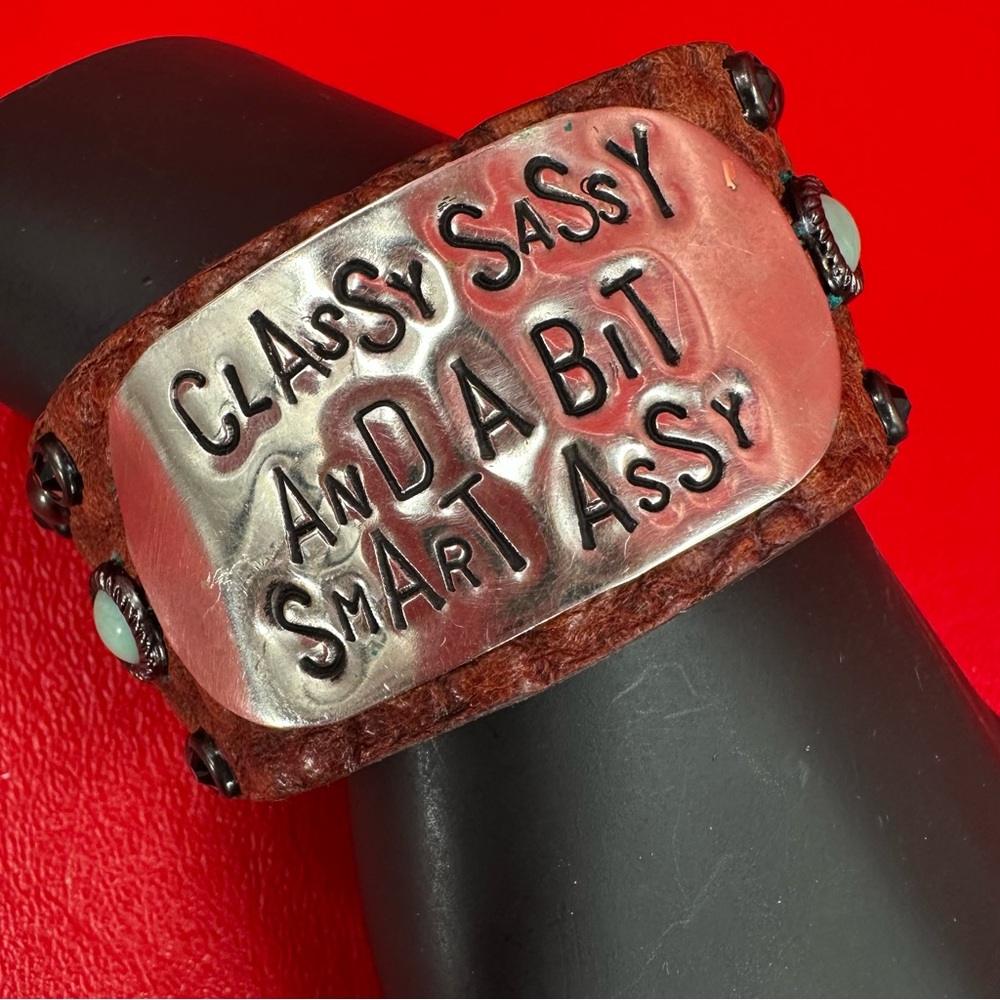 The Rowdy Cowgirl Leather Turquoise Rhinestone Classy Sassy Cuff Bracelet NWT - Picture 2 of 15